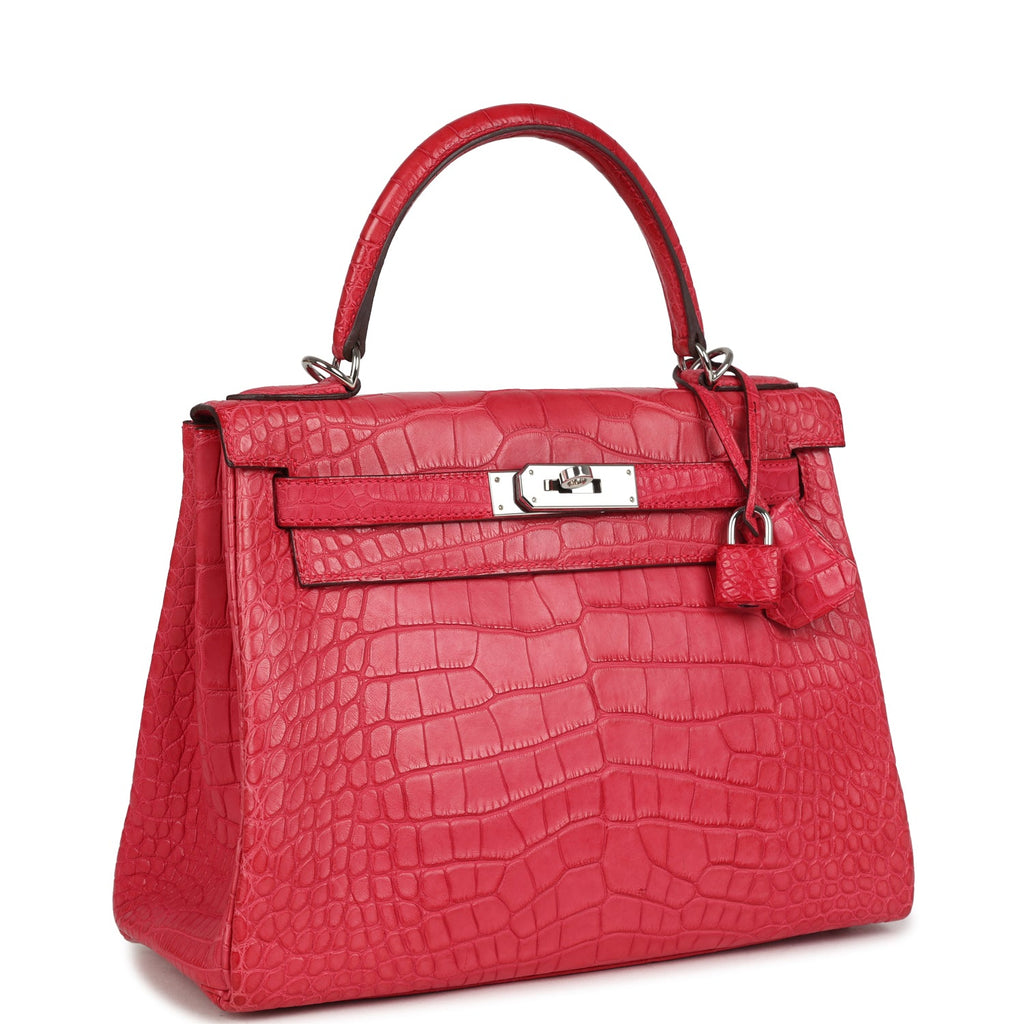 Kelly Retourne 28 Rose Extreme Matte Alligator Palladium Hardware Bag