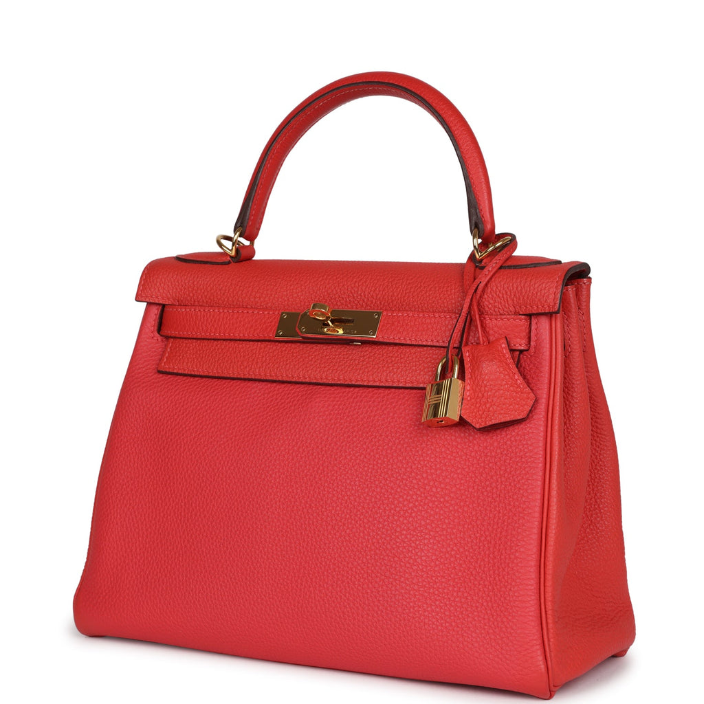 Kelly Retourne 28 Rouge Pivoine Togo Gold Hardware Bag