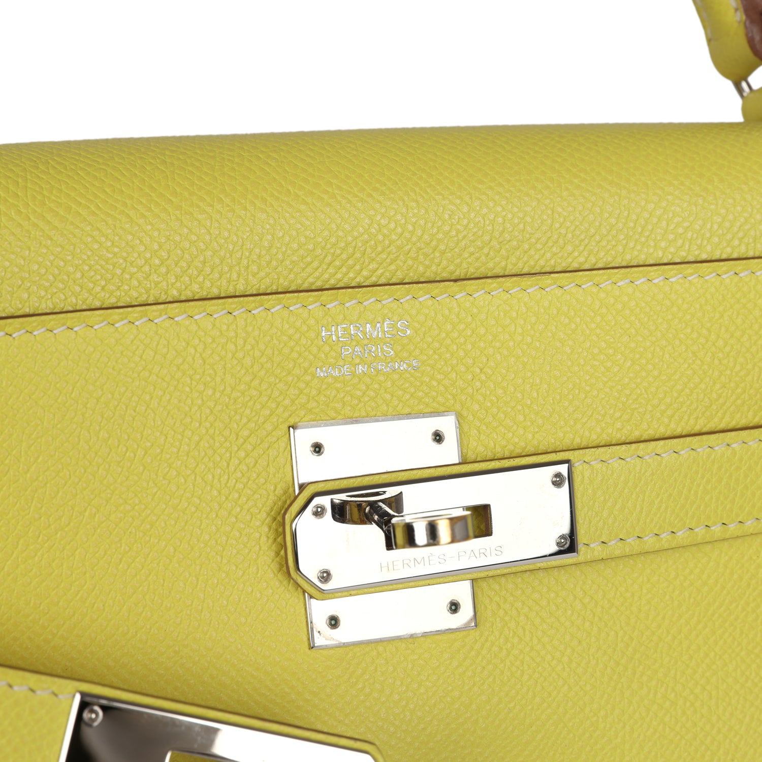 Kelly Retourne 32 Lime Candy Epsom Palladium Hardware Bag
