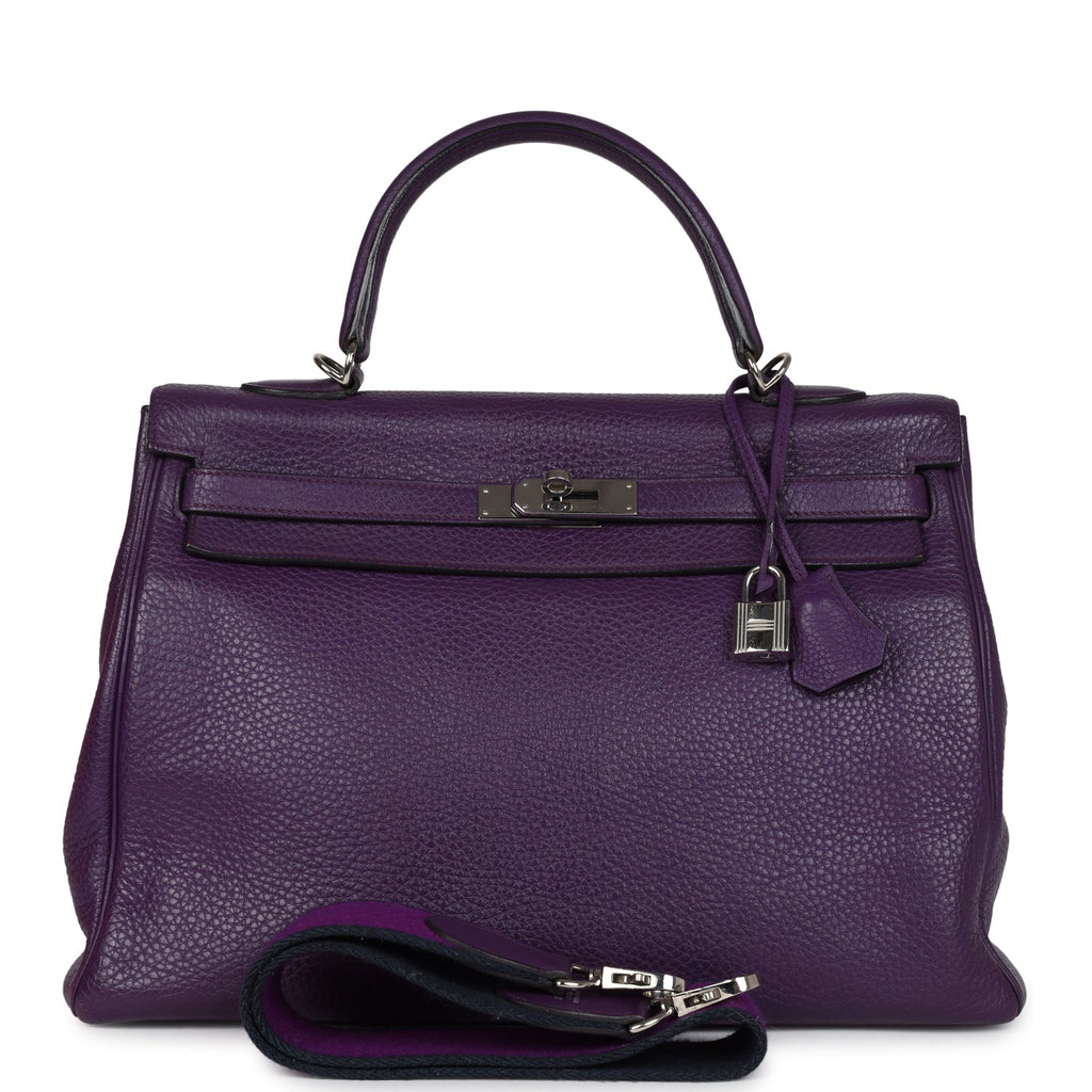 Kelly Retourne 35 Ultraviolet Clemence Palladium Hardware Bag