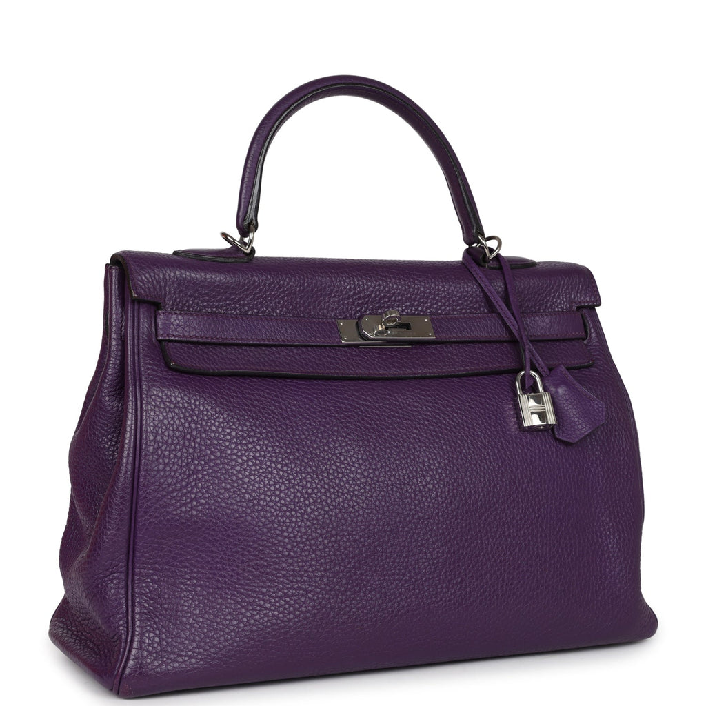 Kelly Retourne 35 Ultraviolet Clemence Palladium Hardware Bag