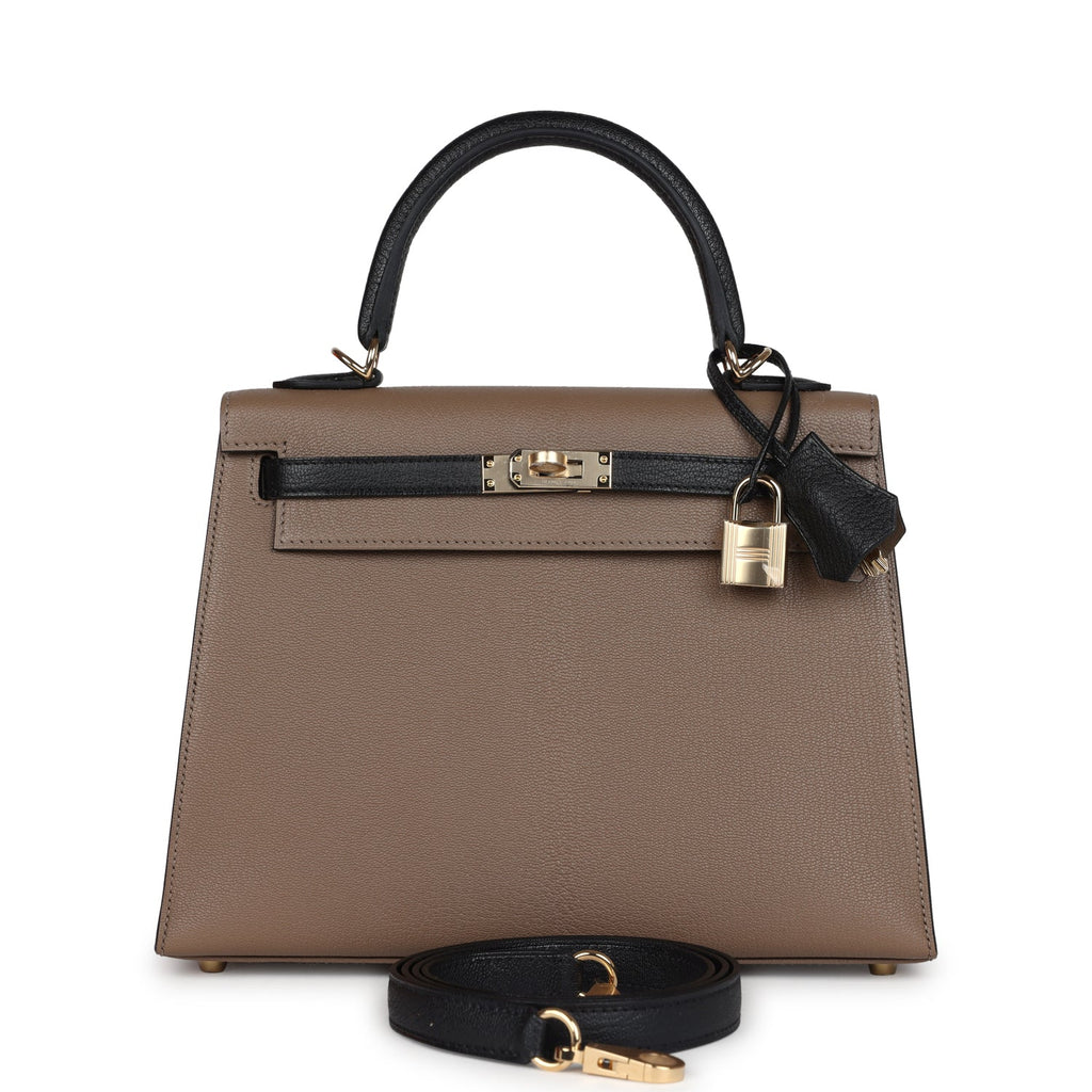 Kelly Sellier 25 Black and Etoupe Chevre Mysore Permabrass Hardware Bag