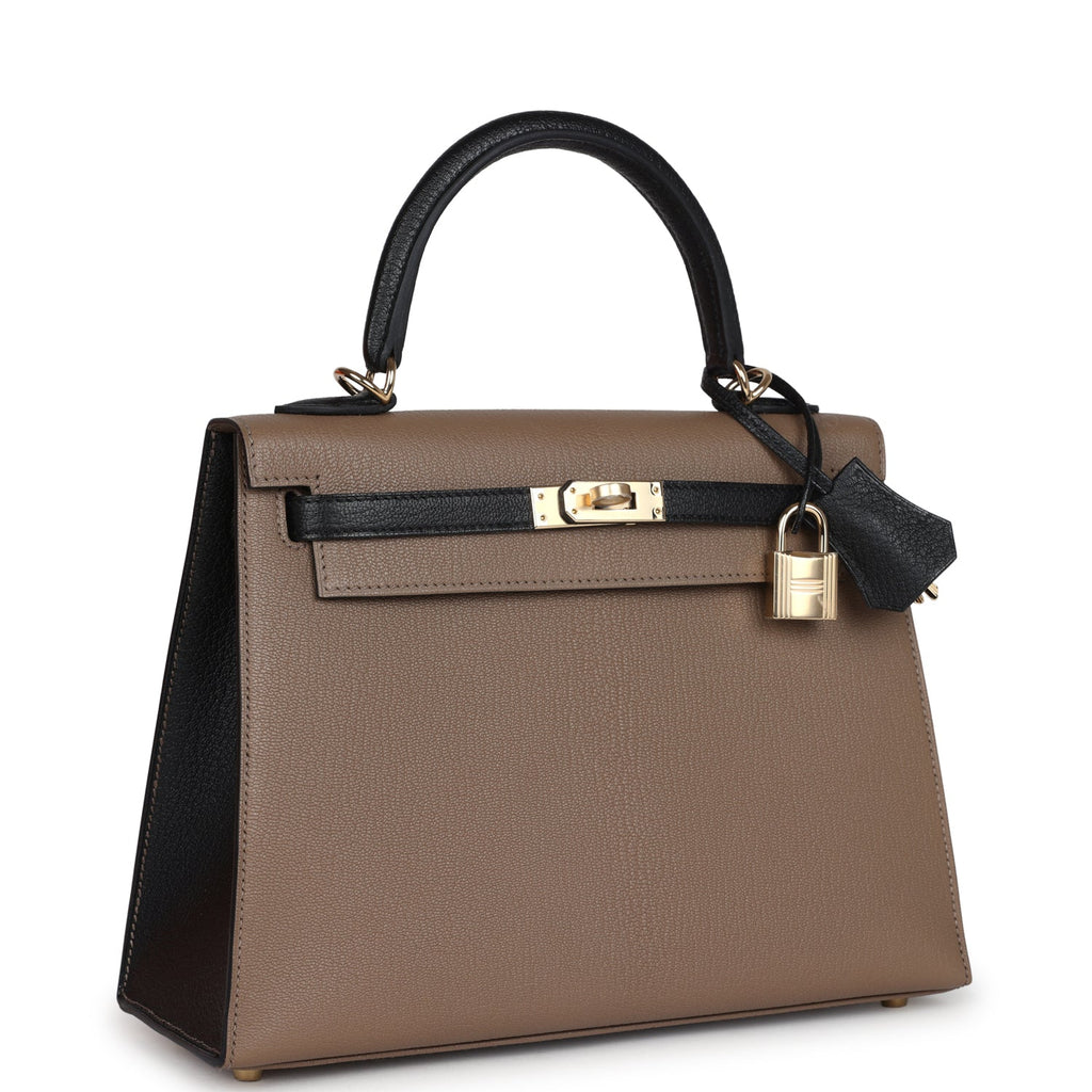 Kelly Sellier 25 Black and Etoupe Chevre Mysore Permabrass Hardware Bag