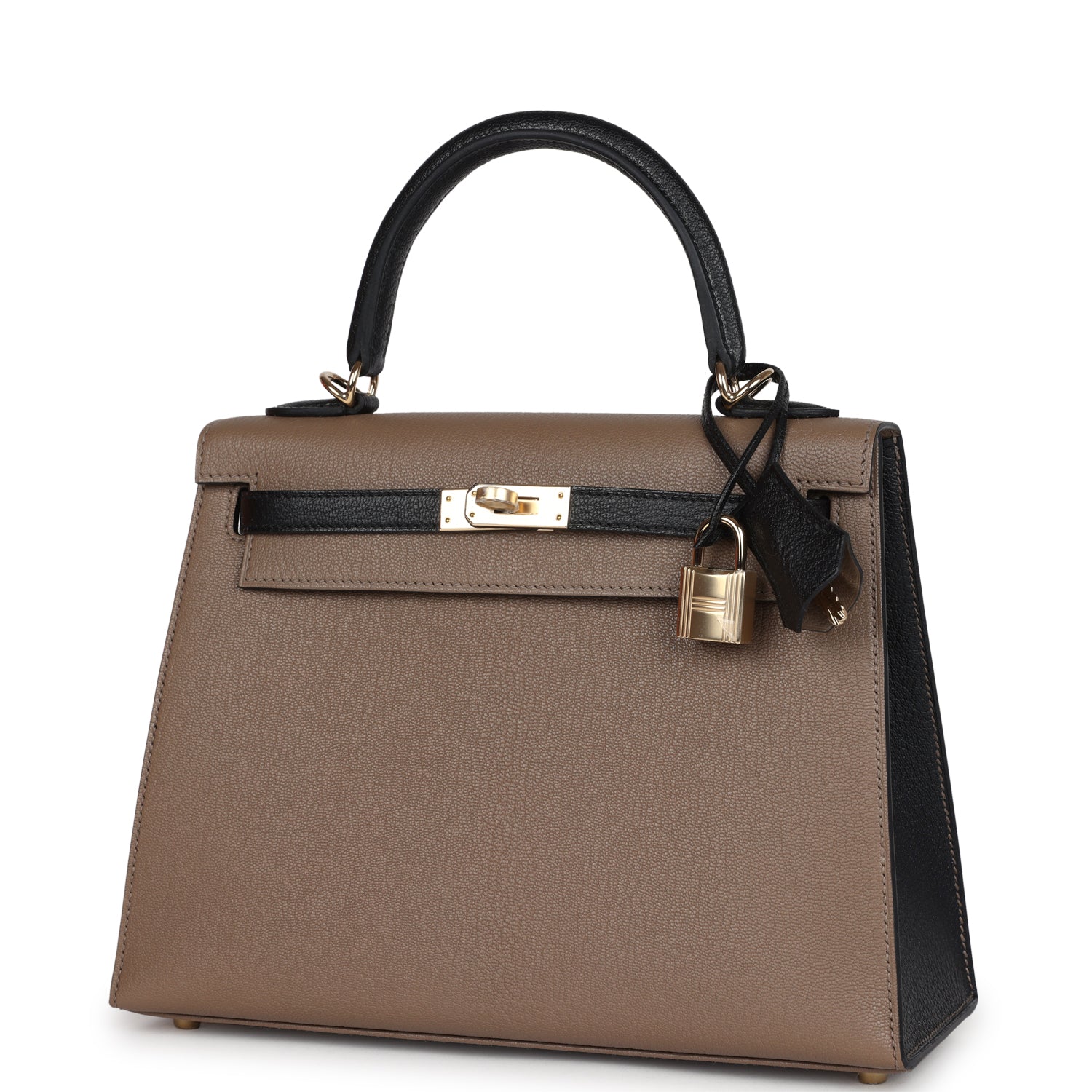 Kelly Sellier 25 Black and Etoupe Chevre Mysore Permabrass Hardware Bag