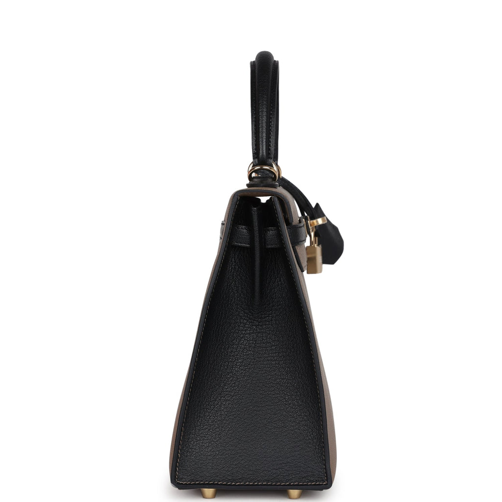 Kelly Sellier 25 Black and Etoupe Chevre Mysore Permabrass Hardware Bag