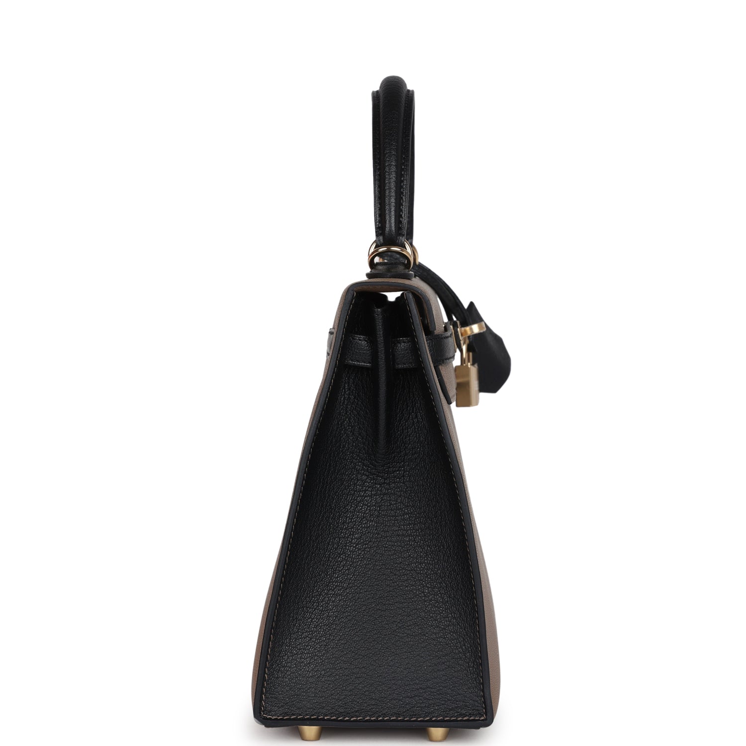 Kelly Sellier 25 Black and Etoupe Chevre Mysore Permabrass Hardware Bag