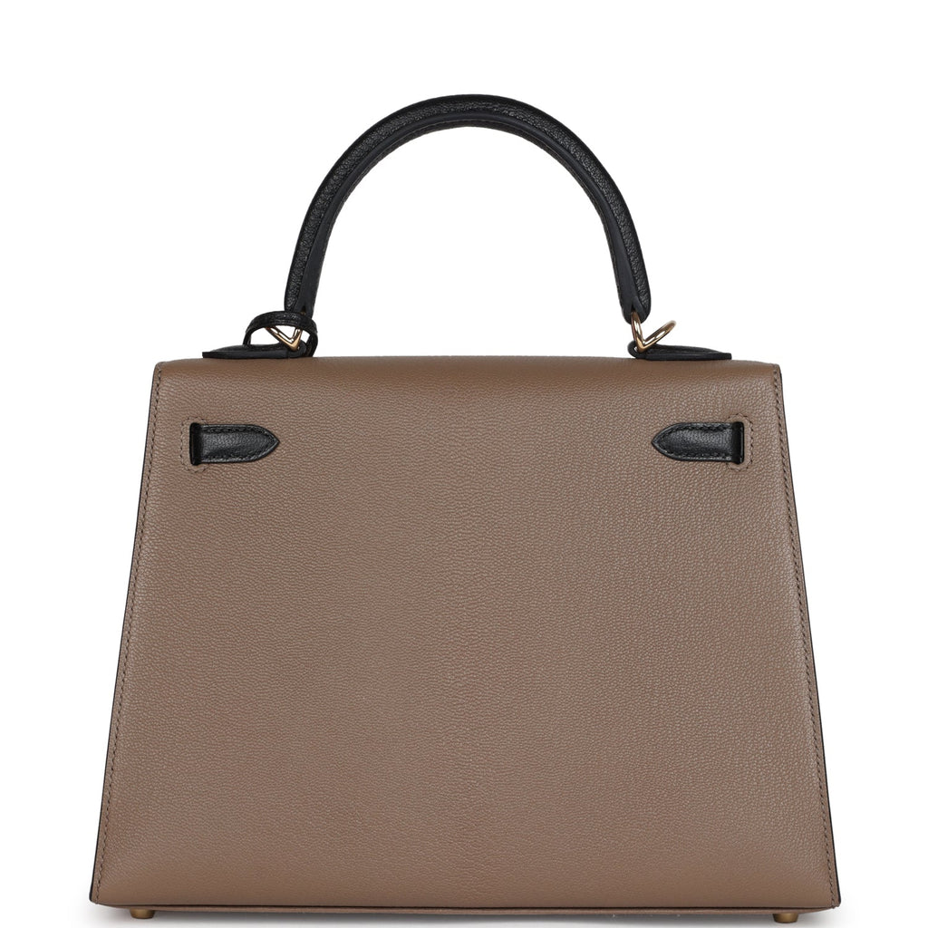 Kelly Sellier 25 Black and Etoupe Chevre Mysore Permabrass Hardware Bag