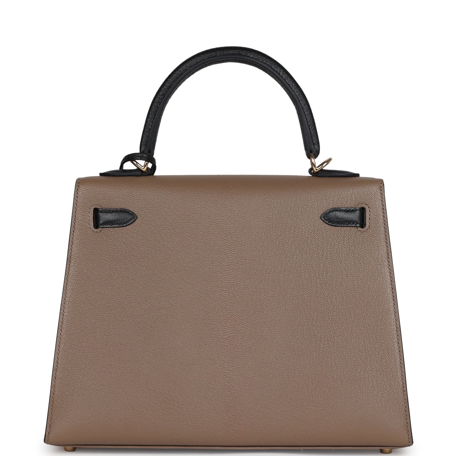 Kelly Sellier 25 Black and Etoupe Chevre Mysore Permabrass Hardware Bag