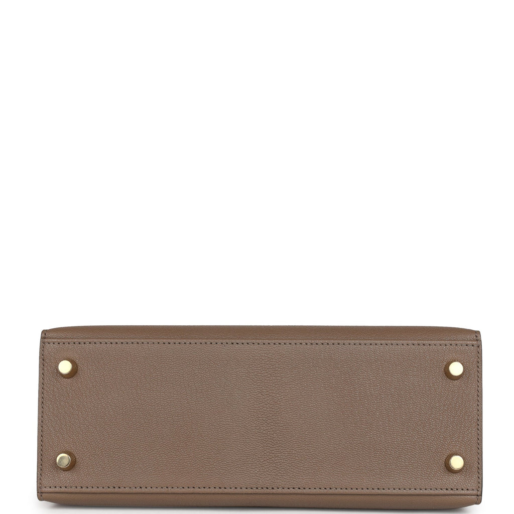 Kelly Sellier 25 Black and Etoupe Chevre Mysore Permabrass Hardware Bag