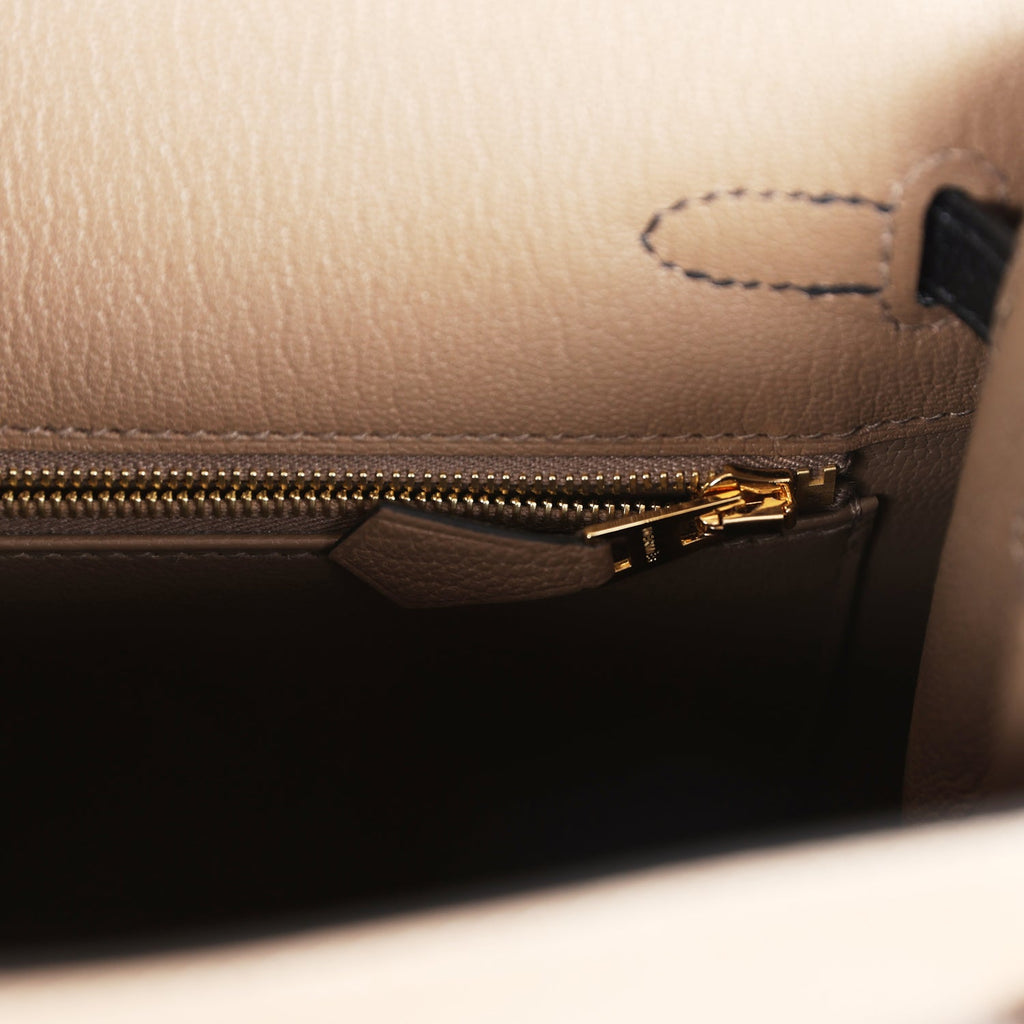 Kelly Sellier 25 Black and Etoupe Chevre Mysore Permabrass Hardware Bag