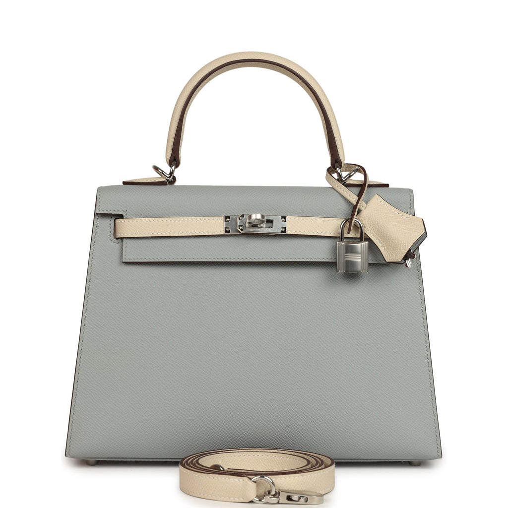 Kelly Sellier 25 Bleu Glacier and Craie Epsom Palladium Hardware Bag