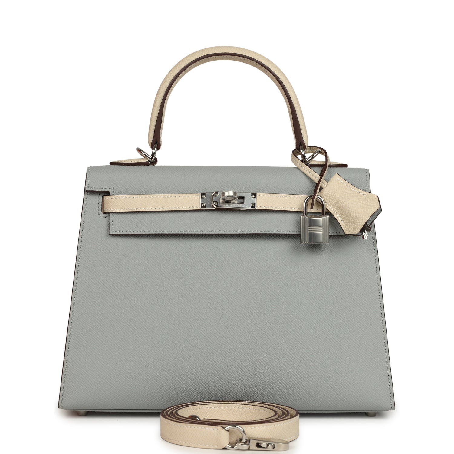 Kelly Sellier 25 Bleu Glacier and Craie Epsom Palladium Hardware Bag