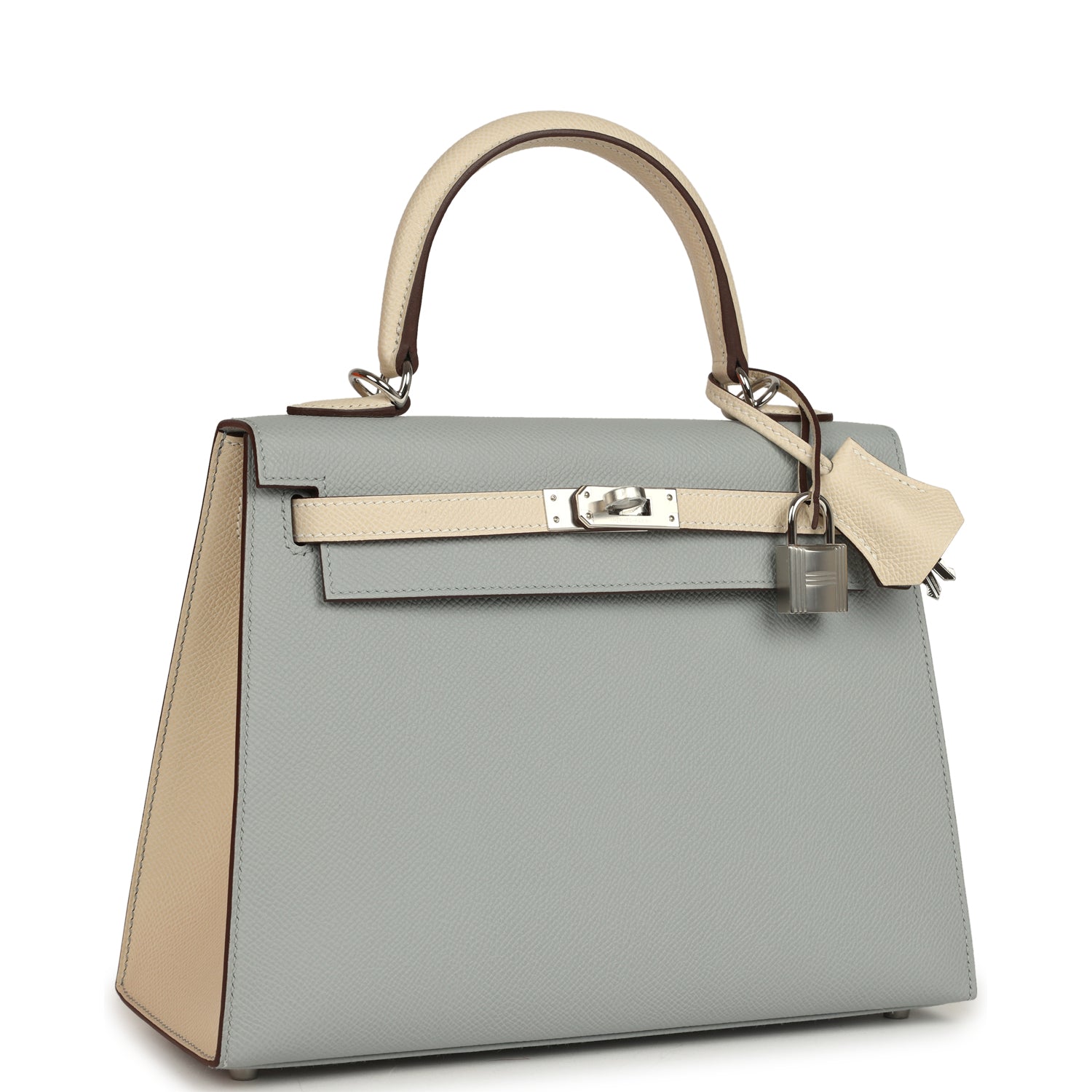 Kelly Sellier 25 Bleu Glacier and Craie Epsom Palladium Hardware Bag