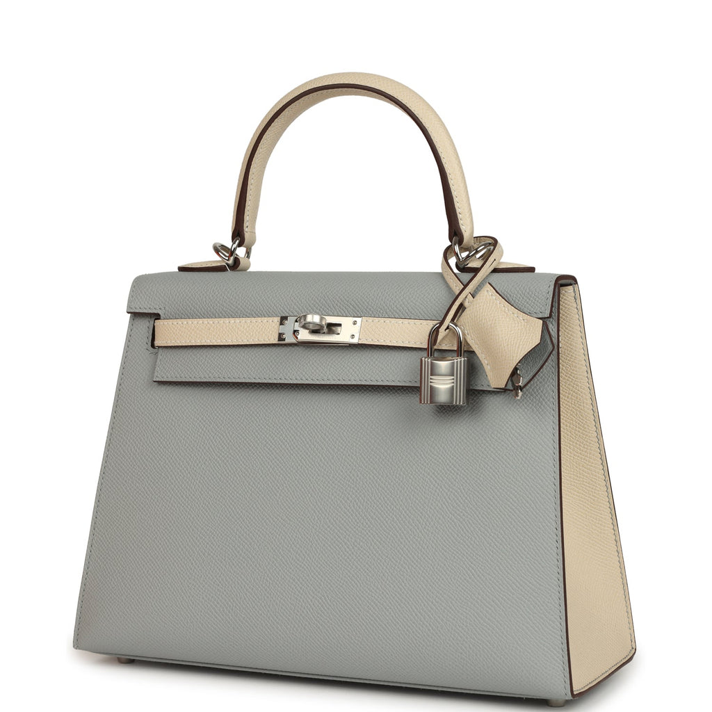 Kelly Sellier 25 Bleu Glacier and Craie Epsom Palladium Hardware Bag