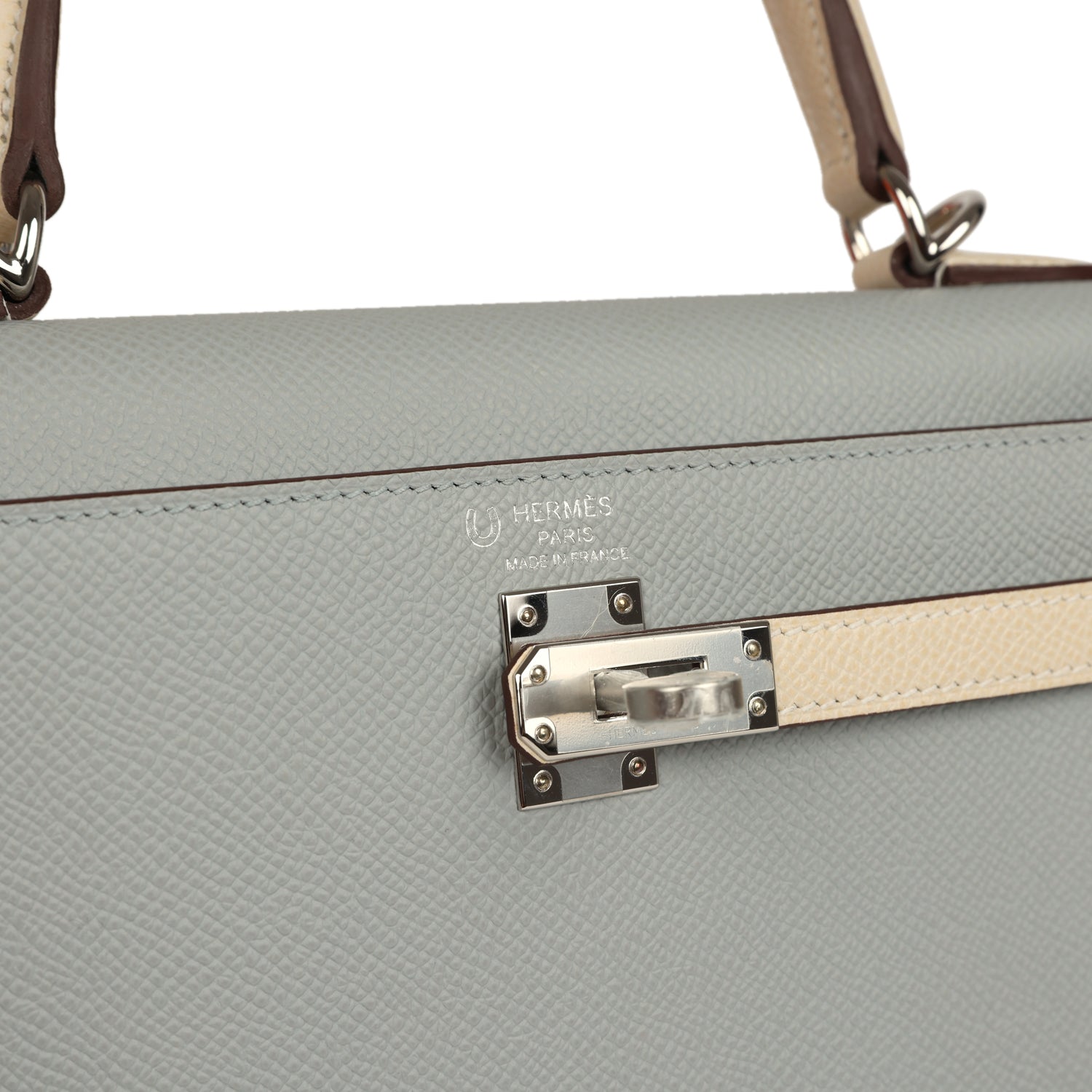 Kelly Sellier 25 Bleu Glacier and Craie Epsom Palladium Hardware Bag