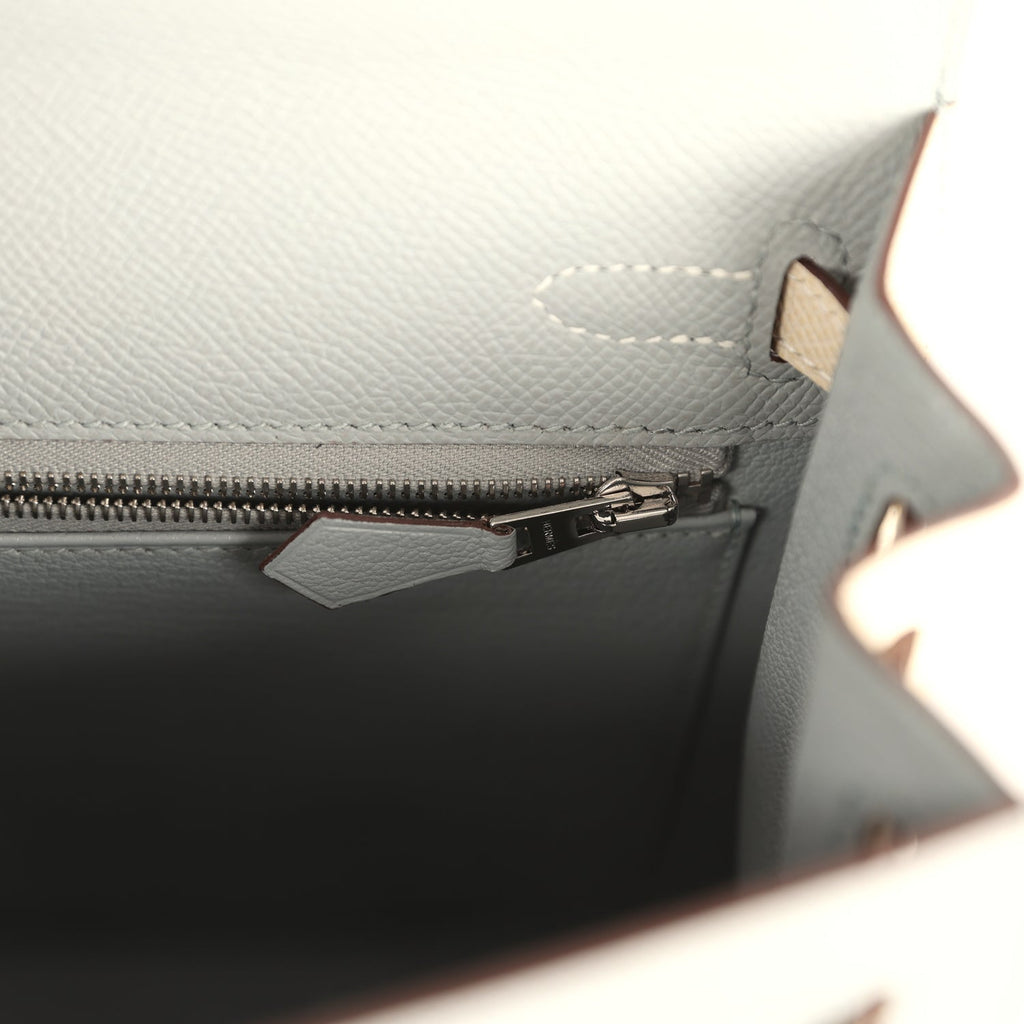 Kelly Sellier 25 Bleu Glacier and Craie Epsom Palladium Hardware Bag