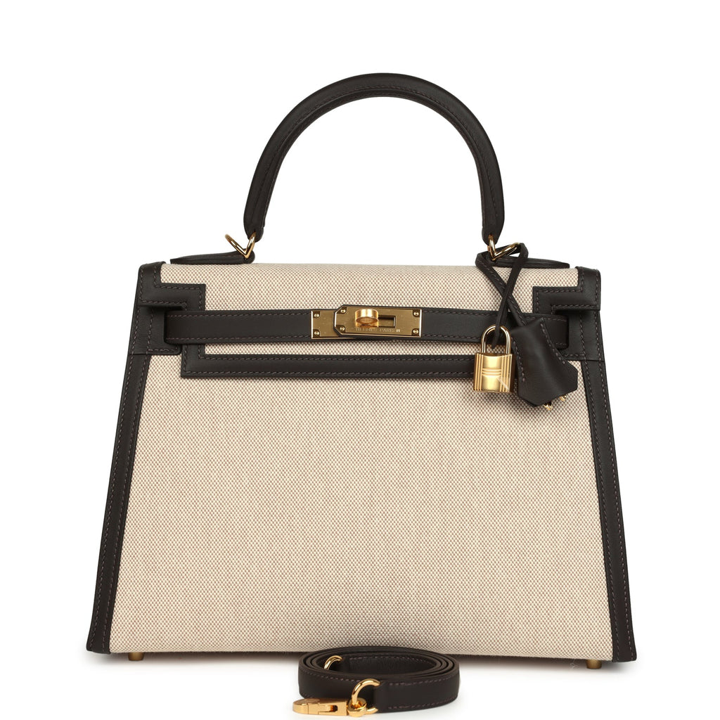 Kelly Sellier 28 Bai Brun Swift and Ecru-Beige Toile H Canvas Gold Hardware Bag