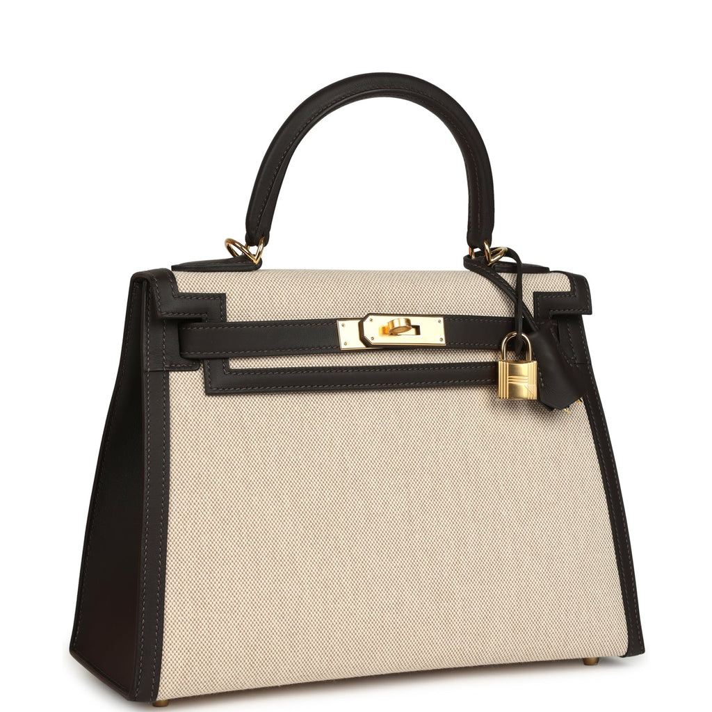 Kelly Sellier 28 Bai Brun Swift and Ecru-Beige Toile H Canvas Gold Hardware Bag