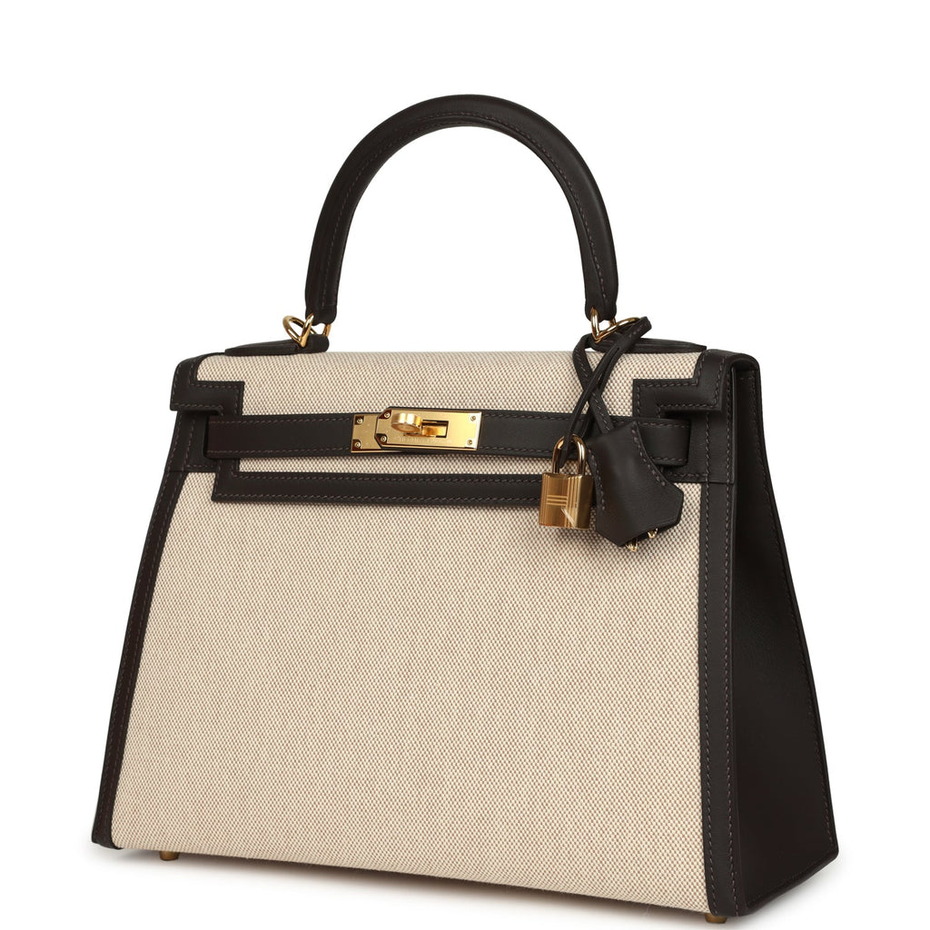 Kelly Sellier 28 Bai Brun Swift and Ecru-Beige Toile H Canvas Gold Hardware Bag