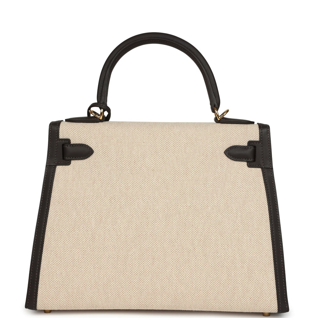 Kelly Sellier 28 Bai Brun Swift and Ecru-Beige Toile H Canvas Gold Hardware Bag