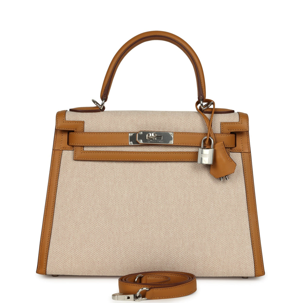 Kelly Sellier 28 Beige & Ecru Toile H Canvas and Sesame Swift Palladium Hardware Bag