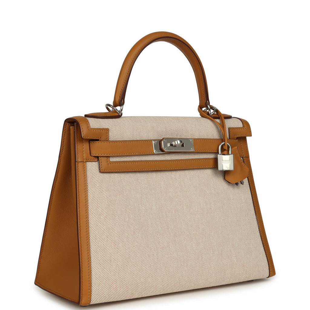 Kelly Sellier 28 Beige & Ecru Toile H Canvas and Sesame Swift Palladium Hardware Bag