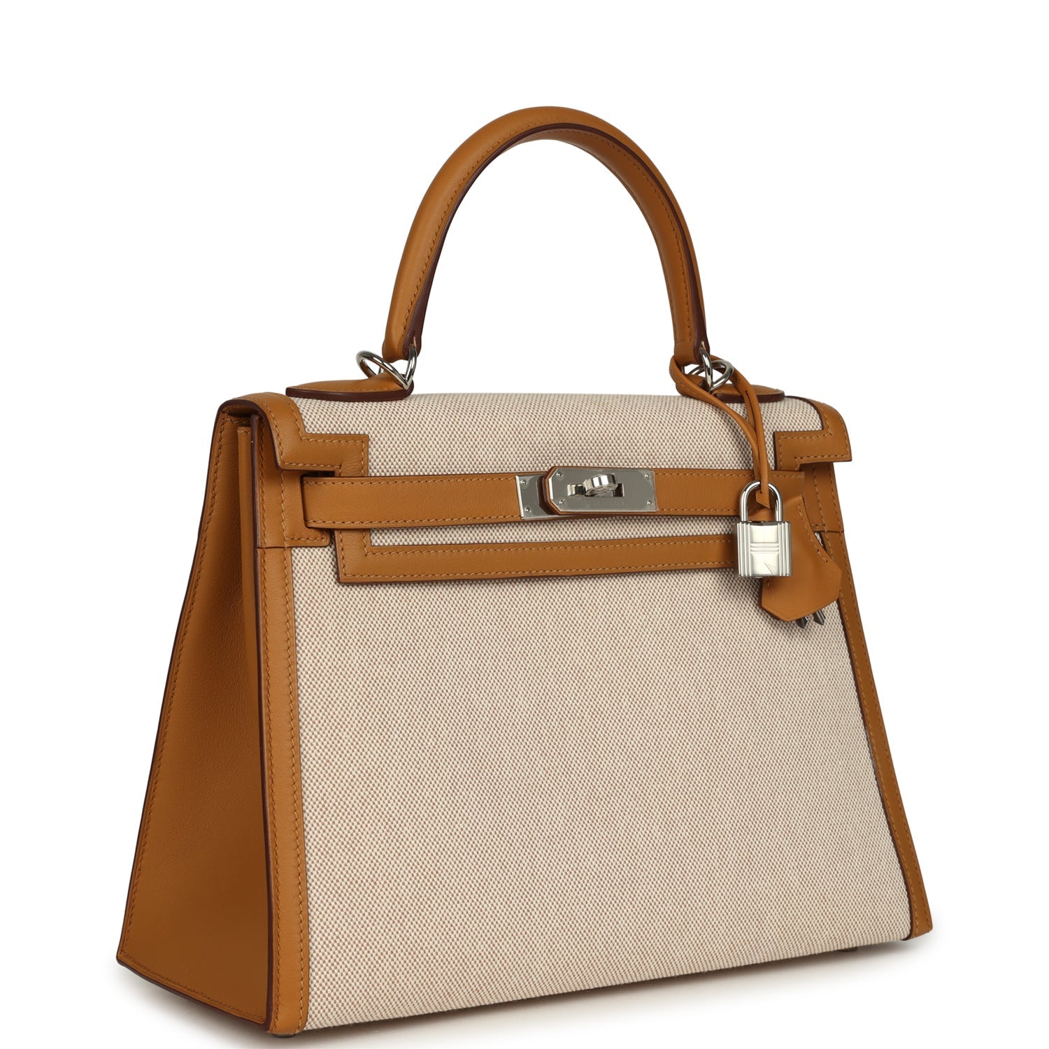Kelly Sellier 28 Beige & Ecru Toile H Canvas and Sesame Swift Palladium Hardware Bag
