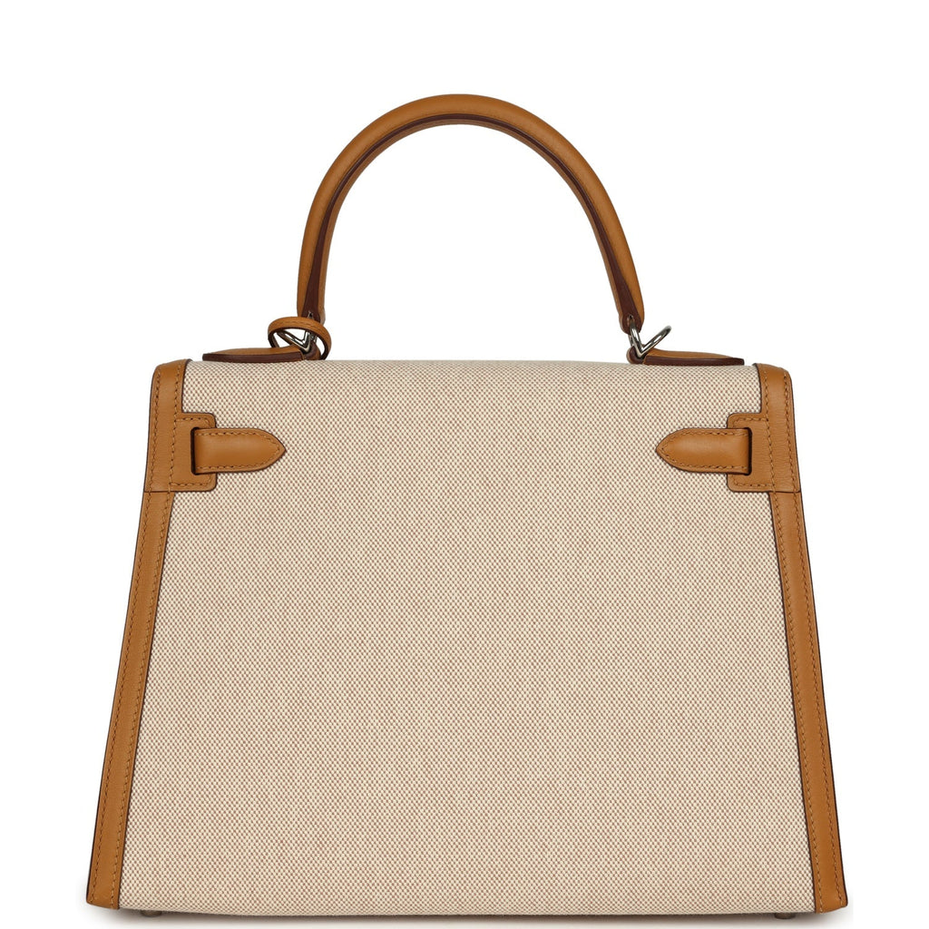 Kelly Sellier 28 Beige & Ecru Toile H Canvas and Sesame Swift Palladium Hardware Bag