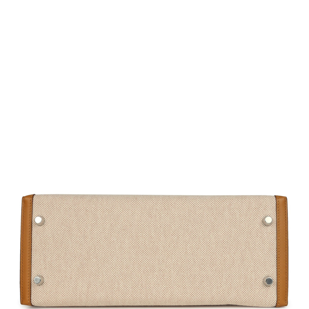 Kelly Sellier 28 Beige & Ecru Toile H Canvas and Sesame Swift Palladium Hardware Bag