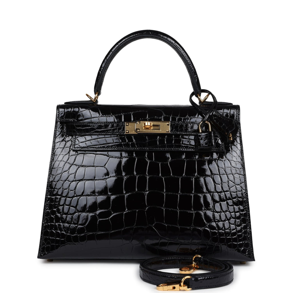 Kelly Sellier 28 Black Shiny Alligator Gold Hardware Bag