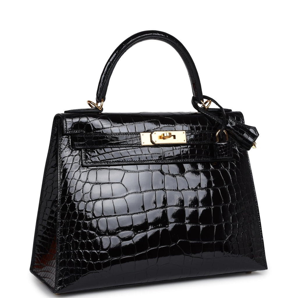 Kelly Sellier 28 Black Shiny Alligator Gold Hardware Bag