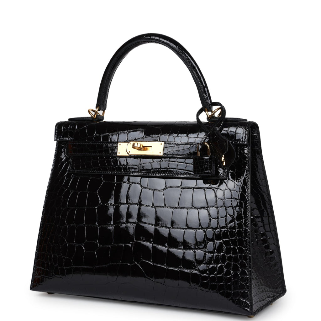 Kelly Sellier 28 Black Shiny Alligator Gold Hardware Bag