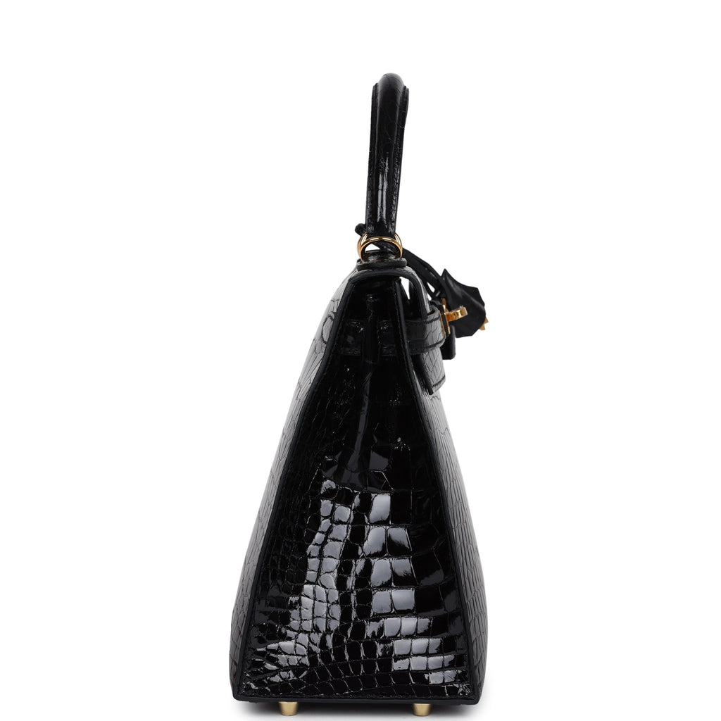 Kelly Sellier 28 Black Shiny Alligator Gold Hardware Bag