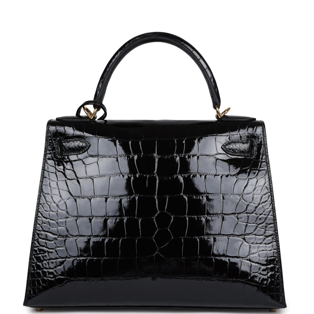 Kelly Sellier 28 Black Shiny Alligator Gold Hardware Bag