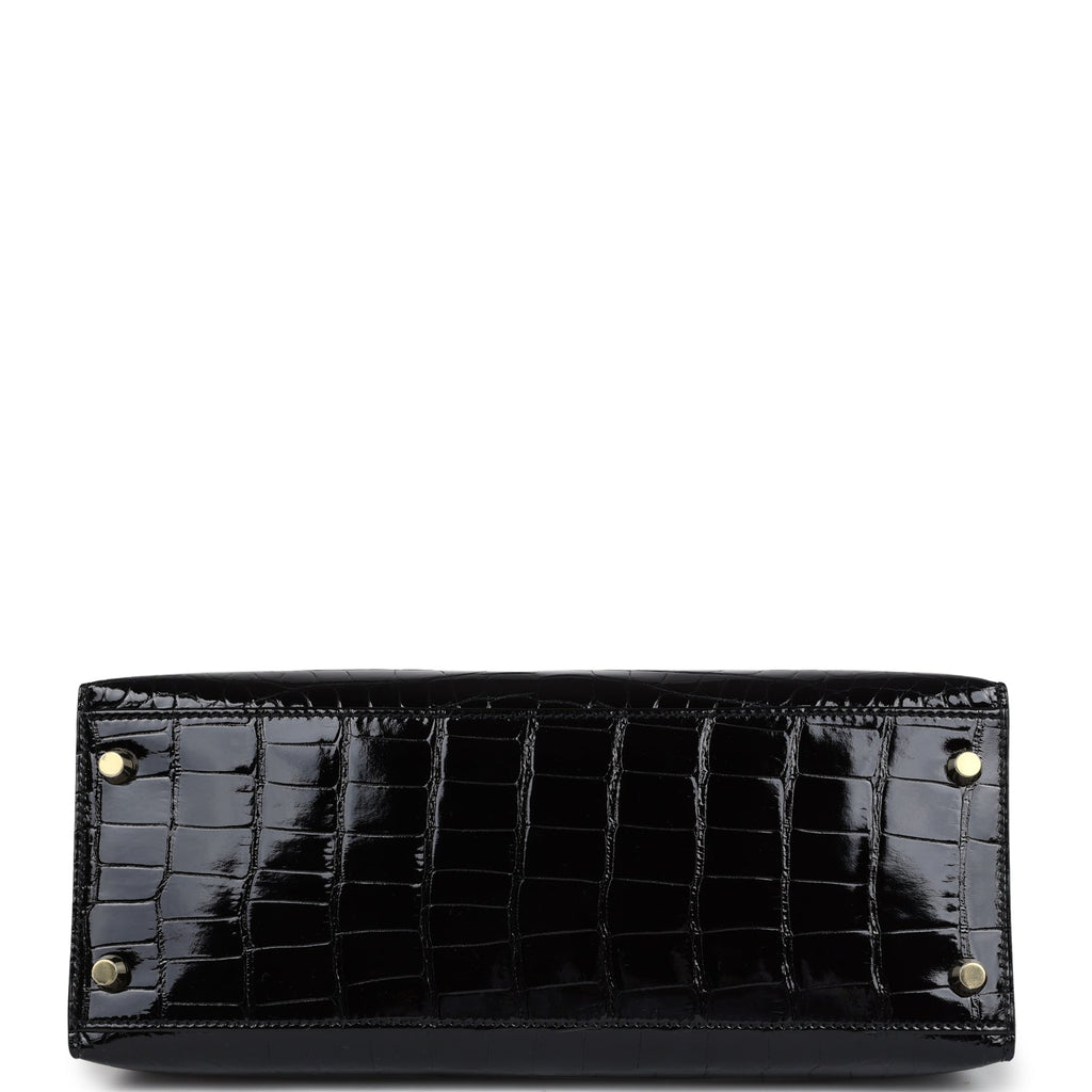 Kelly Sellier 28 Black Shiny Alligator Gold Hardware Bag