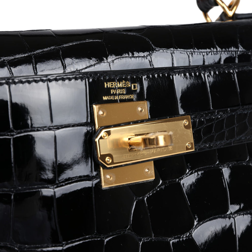 Kelly Sellier 28 Black Shiny Alligator Gold Hardware Bag