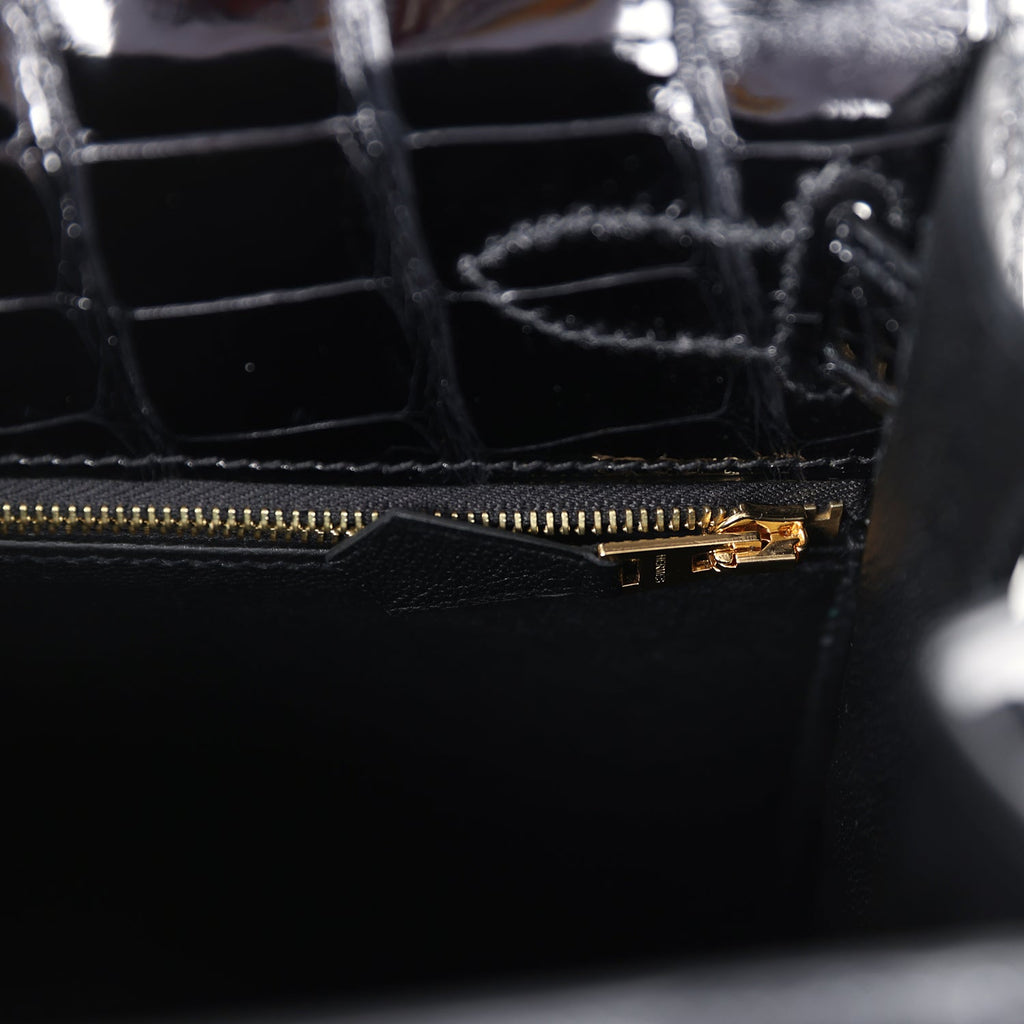 Kelly Sellier 28 Black Shiny Alligator Gold Hardware Bag