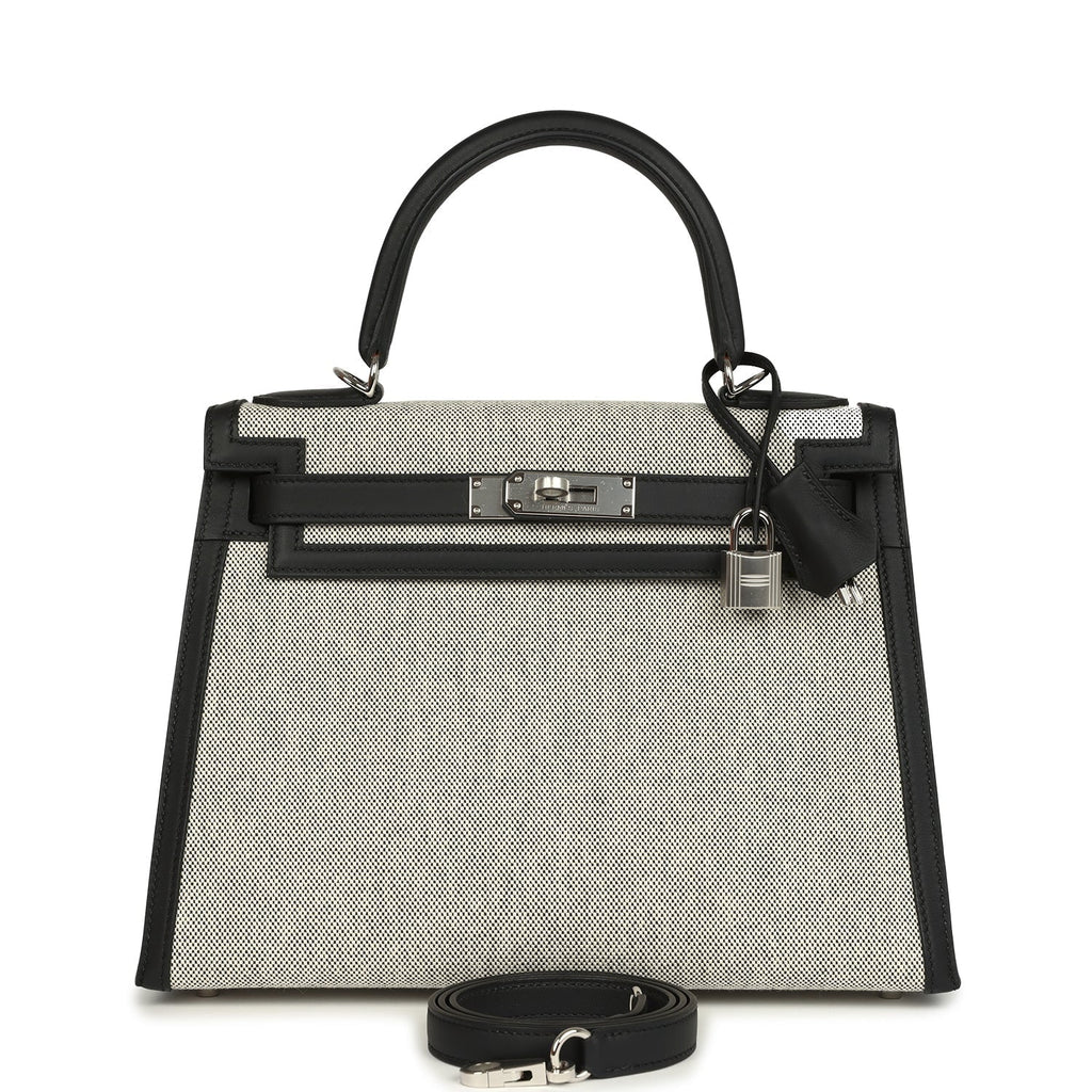 Kelly Sellier 28 Black Swift and Ecru-Black Toile H Canvas Palladium Hardware Bag