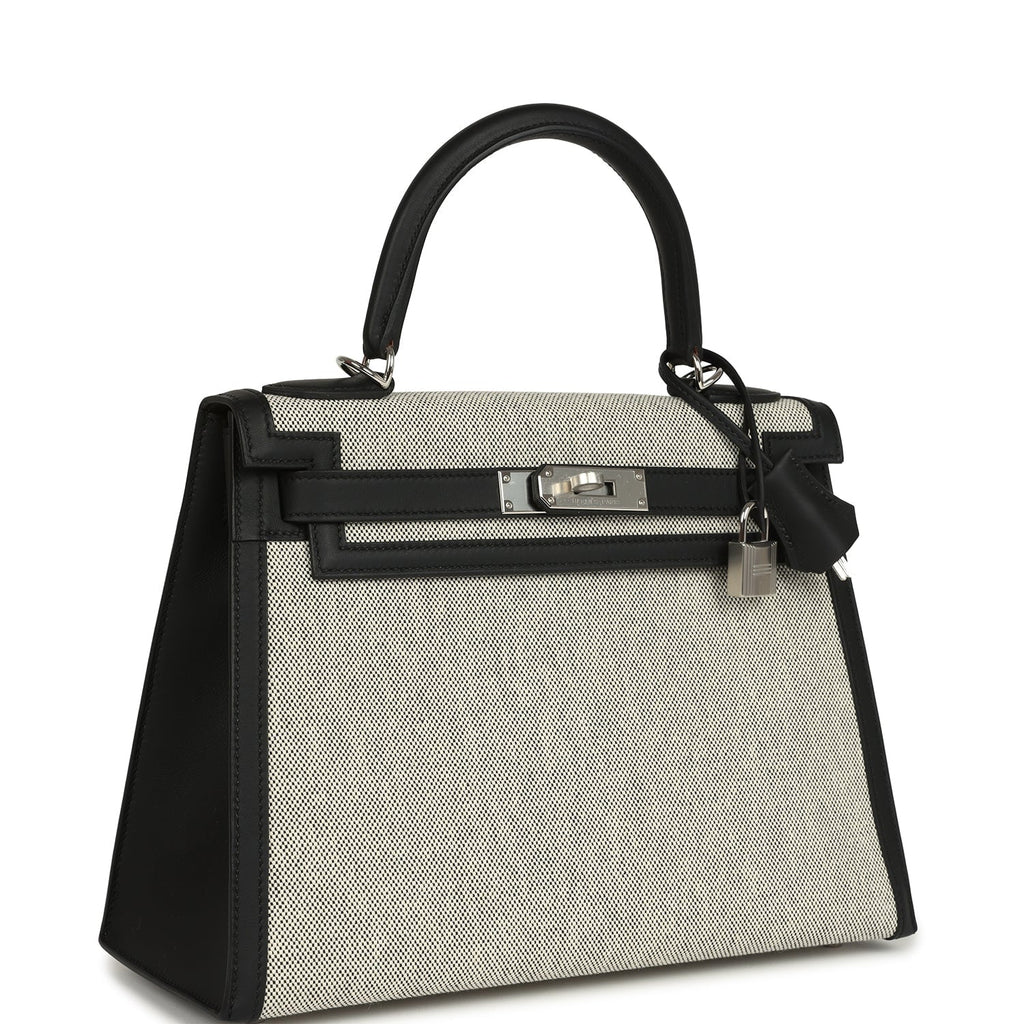 Kelly Sellier 28 Black Swift and Ecru-Black Toile H Canvas Palladium Hardware Bag