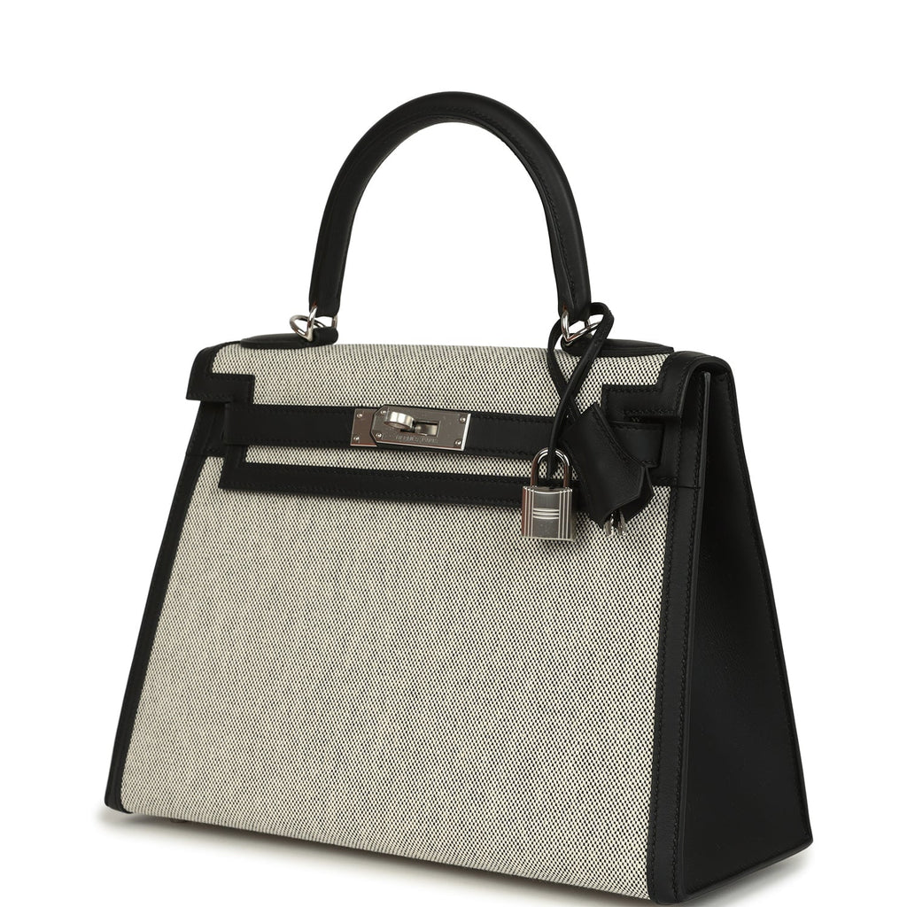 Kelly Sellier 28 Black Swift and Ecru-Black Toile H Canvas Palladium Hardware Bag