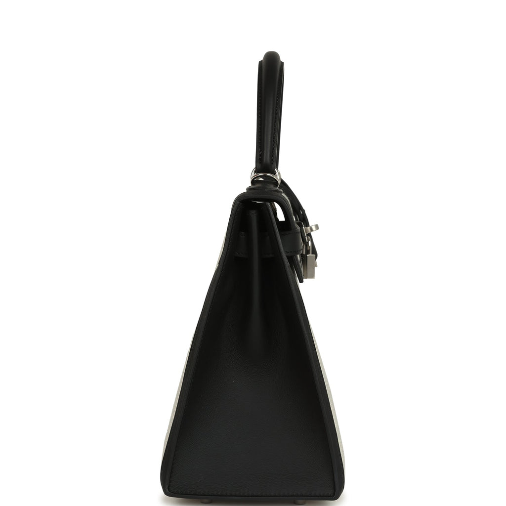 Kelly Sellier 28 Black Swift and Ecru-Black Toile H Canvas Palladium Hardware Bag
