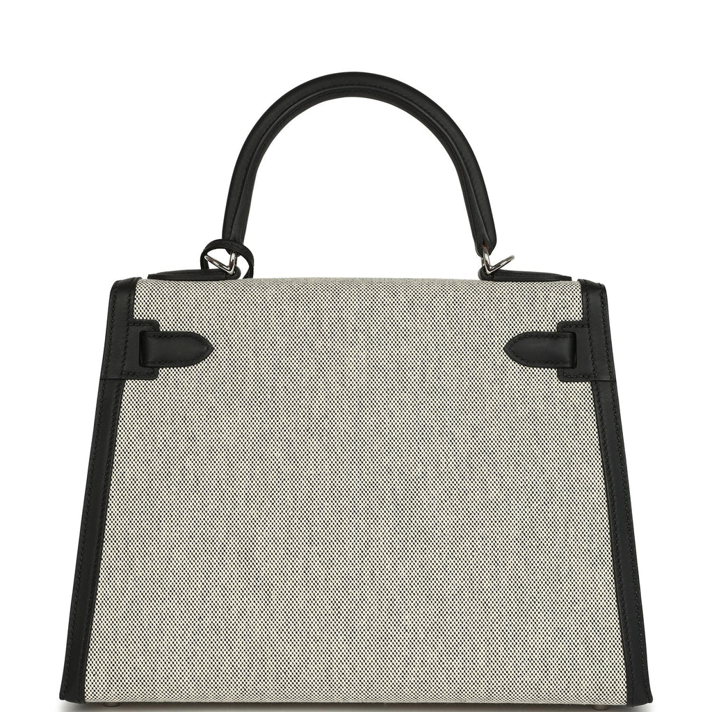 Kelly Sellier 28 Black Swift and Ecru-Black Toile H Canvas Palladium Hardware Bag