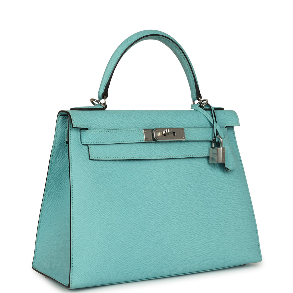 Kelly Sellier 28 Bleu Atoll Epsom Palladium Hardware Bag