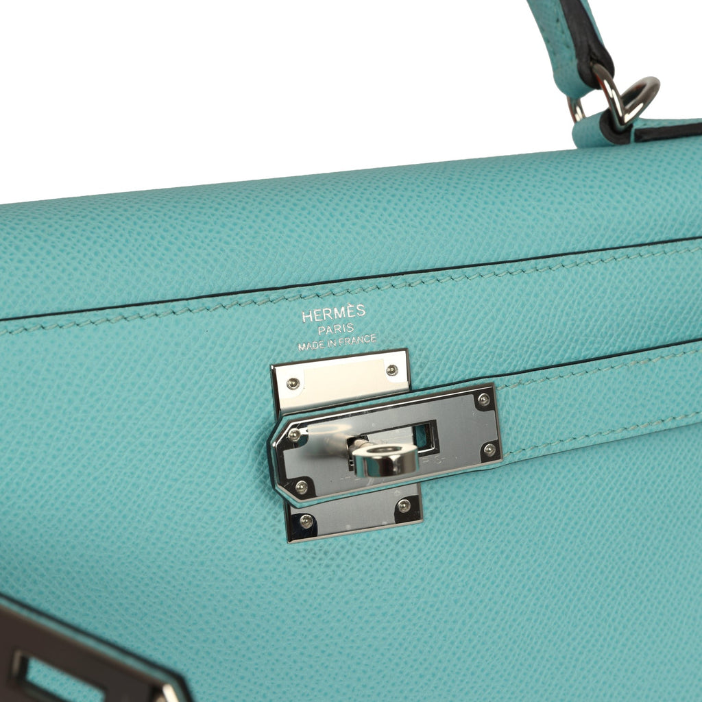 Kelly Sellier 28 Bleu Atoll Epsom Palladium Hardware Bag