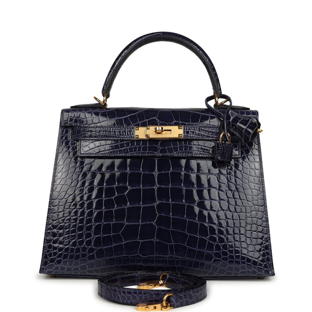 Kelly Sellier 28 Bleu Encre Shiny Alligator Gold Hardware Bag