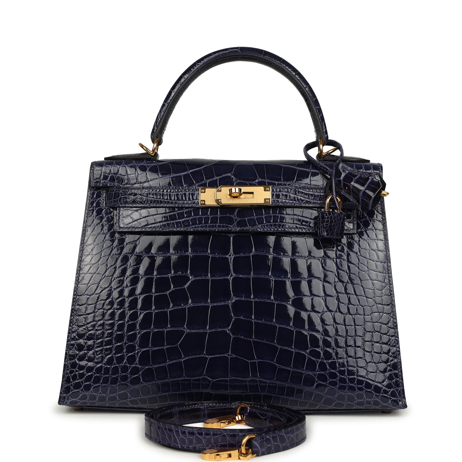 Kelly Sellier 28 Bleu Encre Shiny Alligator Gold Hardware Bag