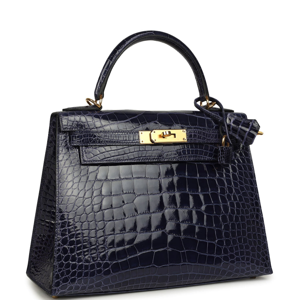 Kelly Sellier 28 Bleu Encre Shiny Alligator Gold Hardware Bag