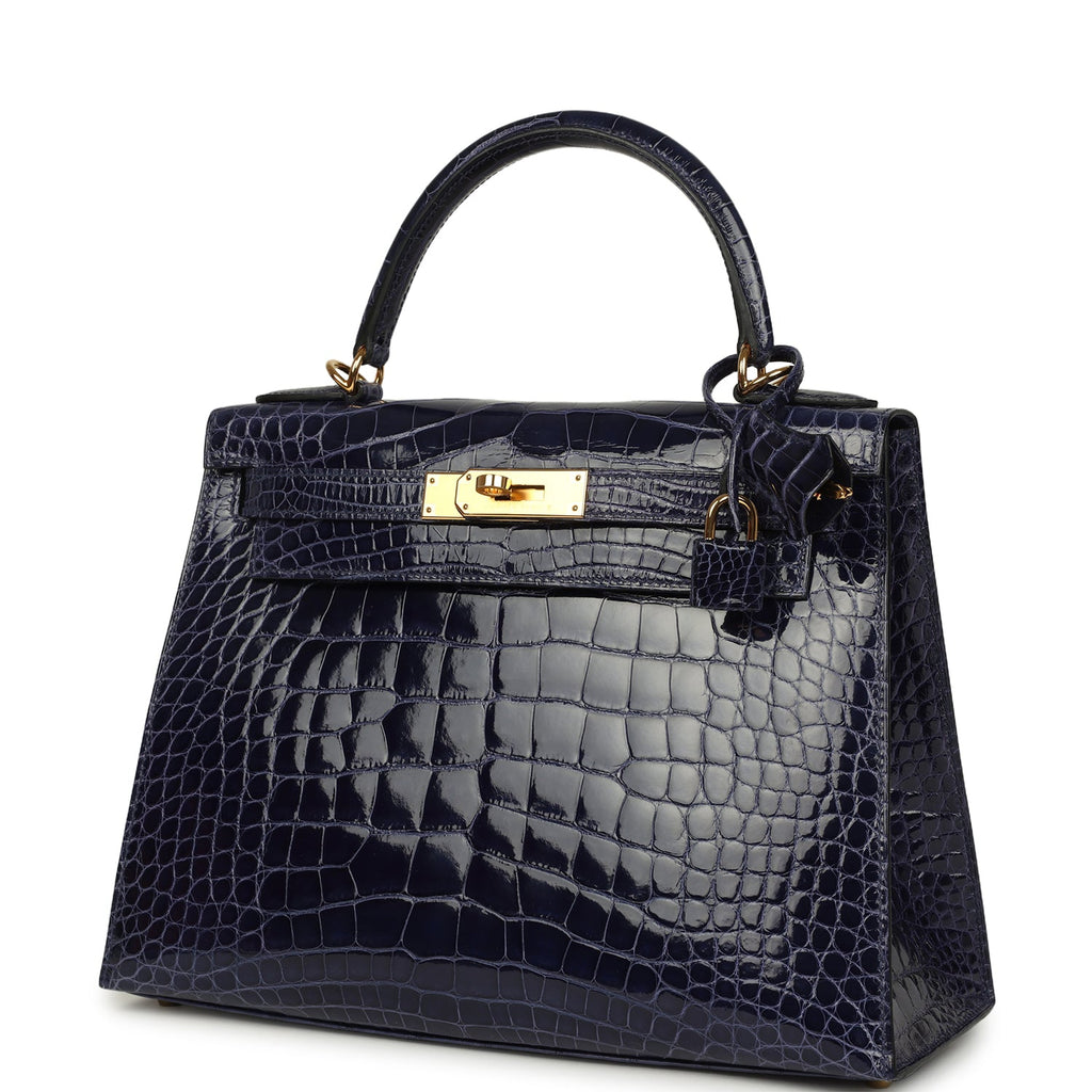 Kelly Sellier 28 Bleu Encre Shiny Alligator Gold Hardware Bag