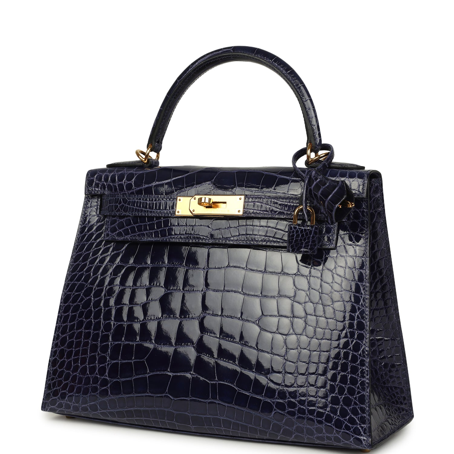 Kelly Sellier 28 Bleu Encre Shiny Alligator Gold Hardware Bag