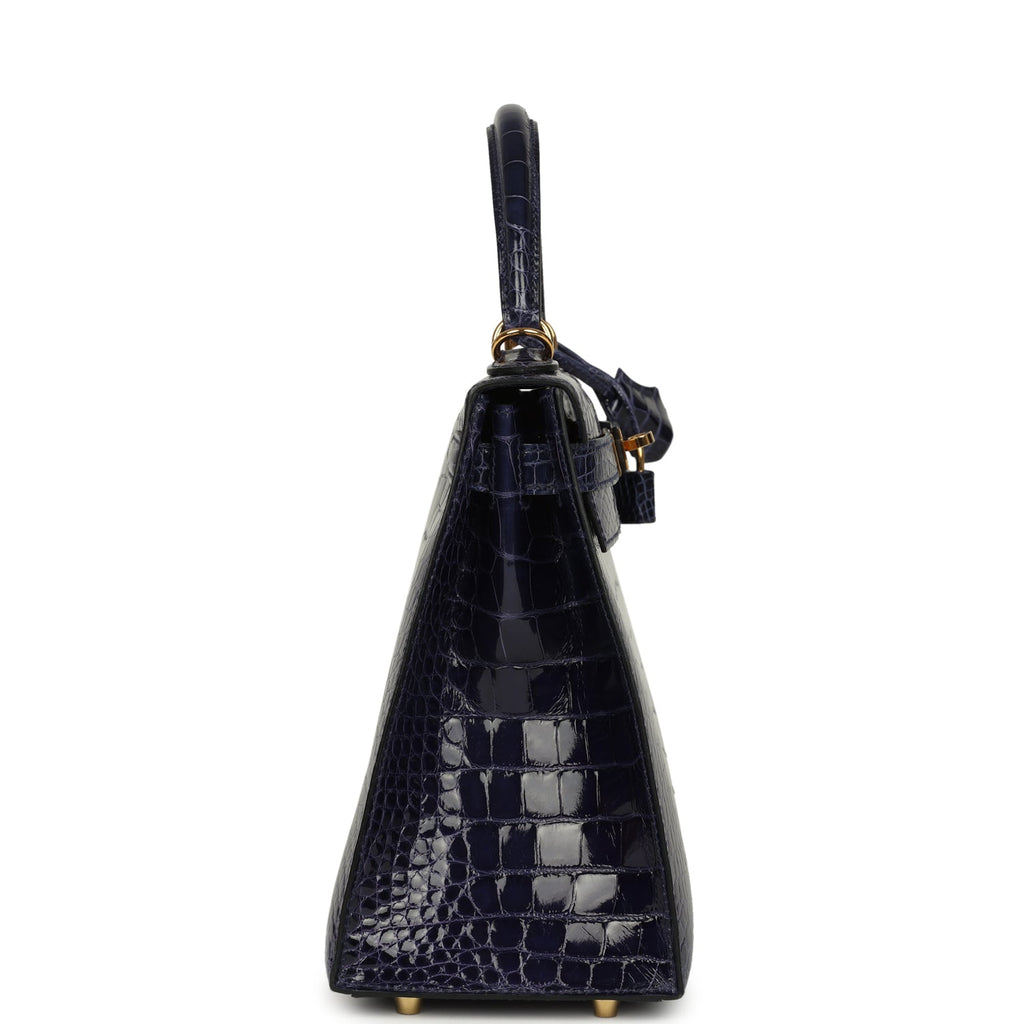 Kelly Sellier 28 Bleu Encre Shiny Alligator Gold Hardware Bag